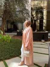 Load image into Gallery viewer, Dusty Rose Suede Abaya with beautiful detailed sleeves
