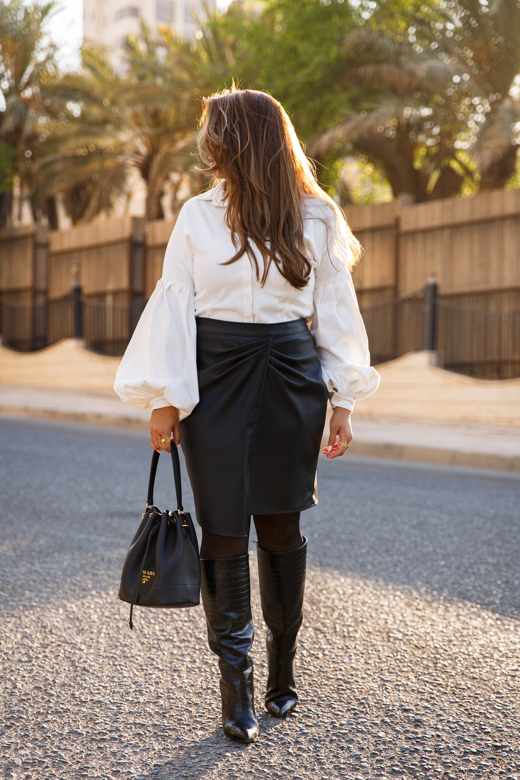 Full Look (Royal Puff Sleeve Top & Draped Leather Skirt)